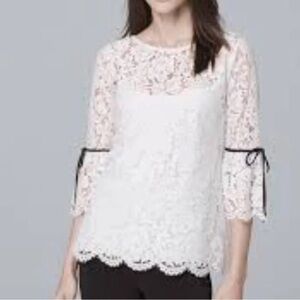 WHBM White Lace Flare Sleeve Top Black Ribbon Trim
